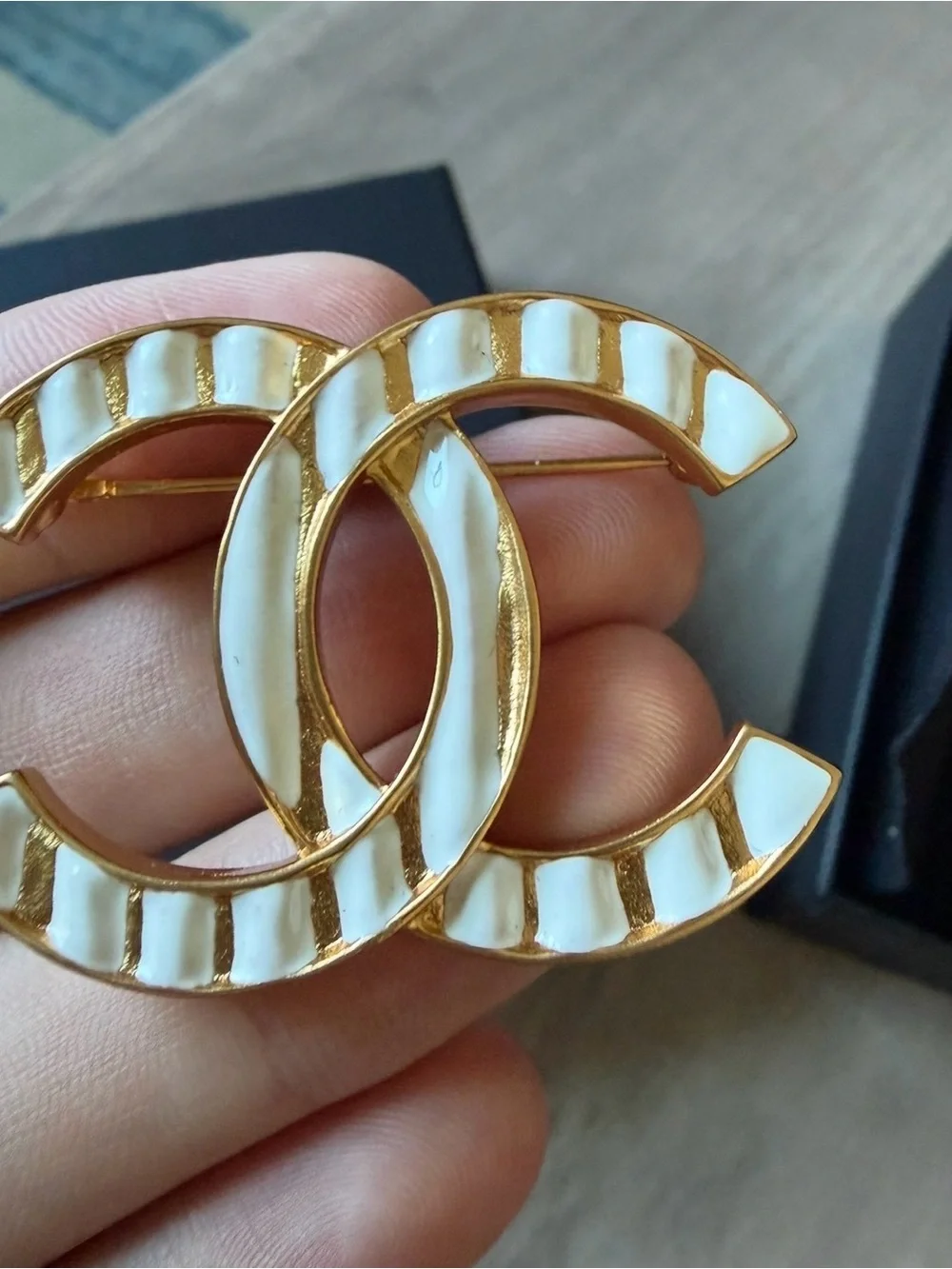 CHANEL Gold and Cream CC Logo Enamel Brooch